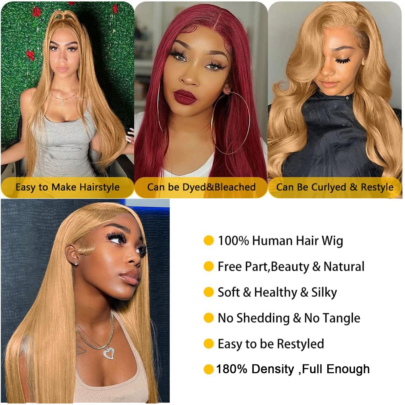 Fiumer Honey Blonde Wig Human Hair 13x6 HD Transparent Lace Front Wig Human Hair Pre Plucked With Baby Hair Straight Blonde Wig Human Hair 180% Density 27# Colored Human Hair Wig 20-34inch