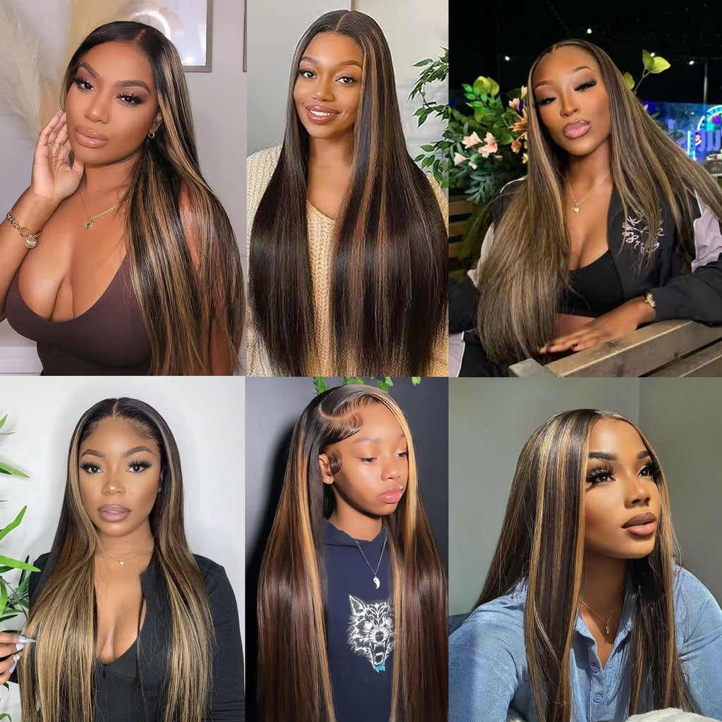 Fiumer Ombre Lace Front Wig Human Hair 1B/30 Highlight Straight Wigs 13X6 Transparent Lace Frontal Glueless Wigs Honey Blonde Colored Human Hair Pre Plucked for Women 20-34inch