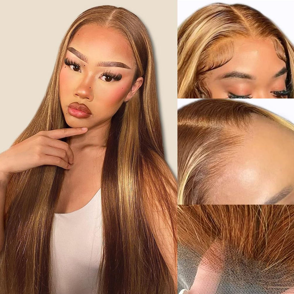 Fiumer Ombre Lace Front Wig Human Hair Highlight 13x4 HD Straight Lace Front Wigs 180% Density 4/27 Colored Honey Blonde HD Lace Frontal Wigs For Women Glueless Pre Plucked with Baby Hair 20-34inch