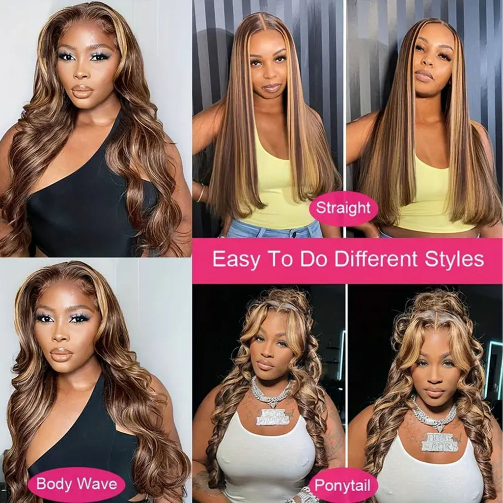 Fiumer Ombre Lace Front Wig Human Hair Highlight 13x4 HD Straight Lace Front Wigs 180% Density 4/27 Colored Honey Blonde HD Lace Frontal Wigs For Women Glueless Pre Plucked with Baby Hair 20-34inch