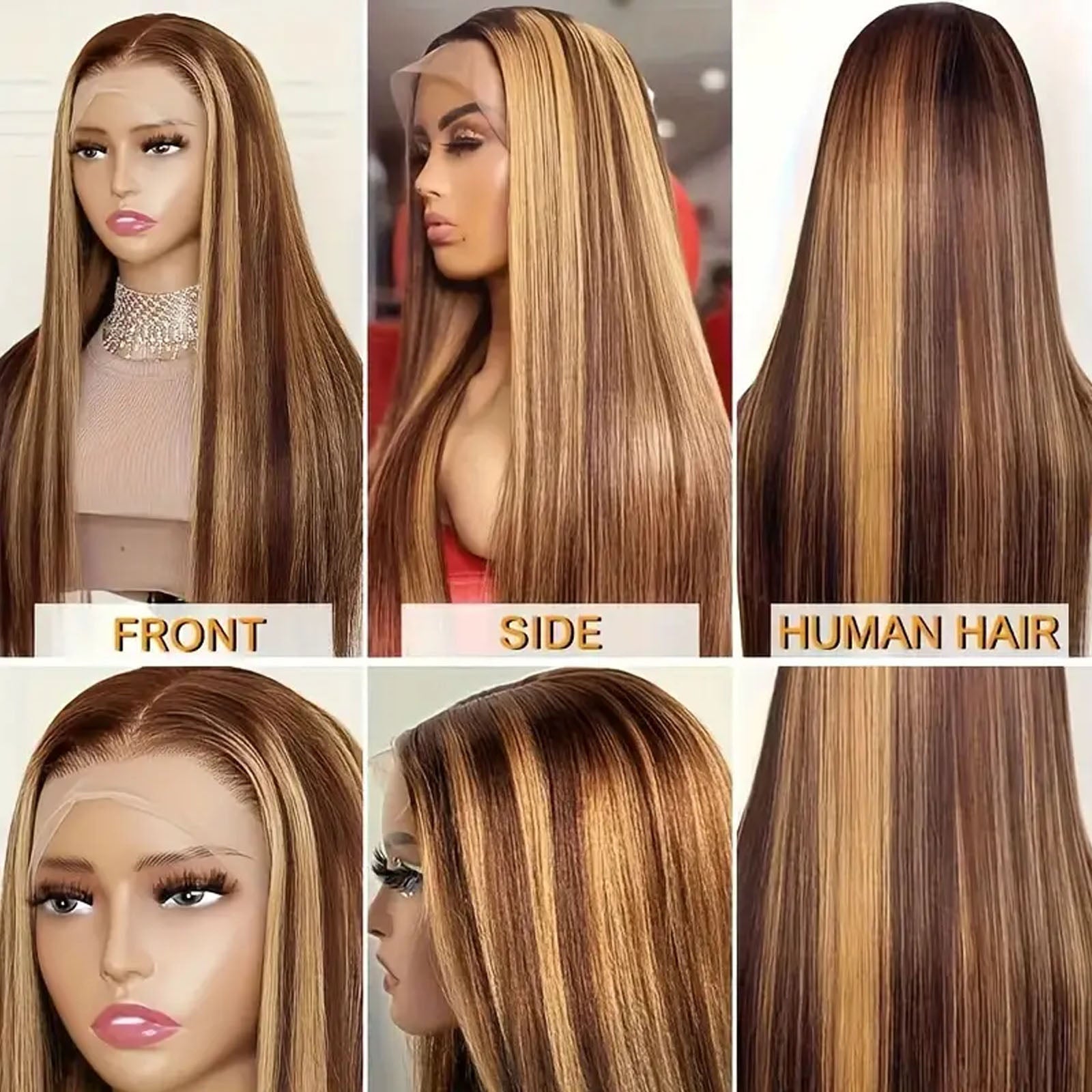 Fiumer Ombre Lace Front Wig Human Hair Highlight 13x4 HD Straight Lace Front Wigs 180% Density 4/27 Colored Honey Blonde HD Lace Frontal Wigs For Women Glueless Pre Plucked with Baby Hair 20-34inch
