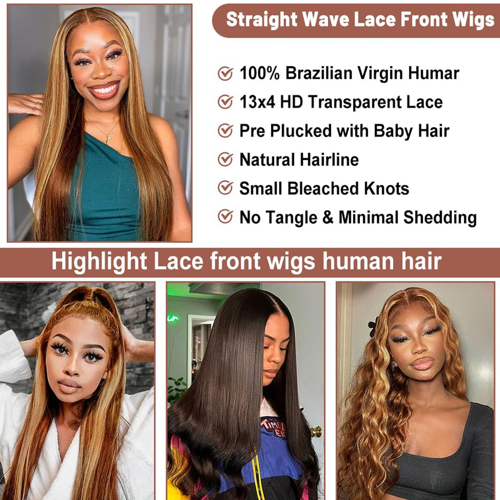 Fiumer Ombre Lace Front Wig Human Hair Highlight 13x4 HD Straight Lace Front Wigs 180% Density 4/27 Colored Honey Blonde HD Lace Frontal Wigs For Women Glueless Pre Plucked with Baby Hair 20-34inch