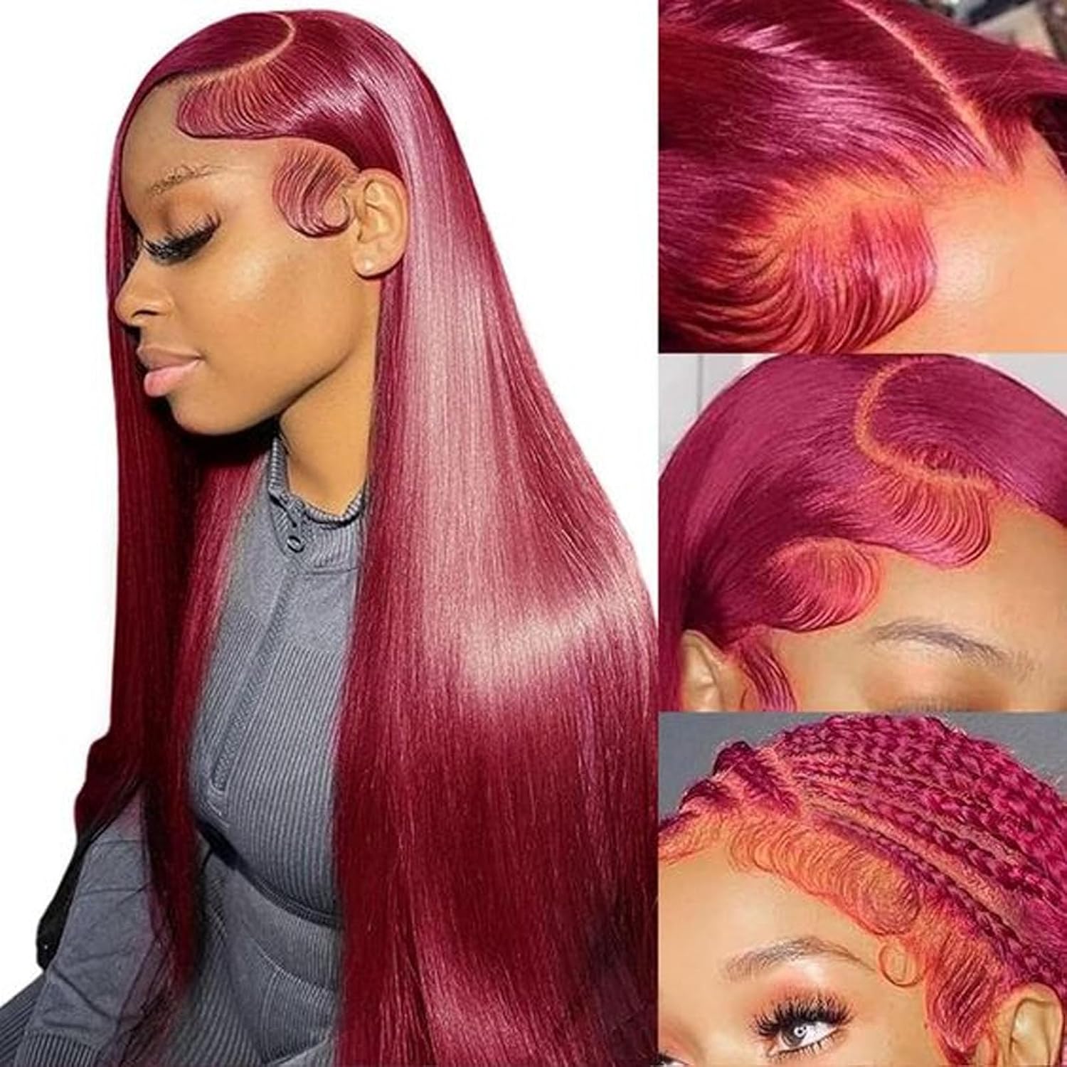 Fiumer Burgundy Wig Human Hair 20-32inch 13x6 HD Transparent Lace Straight 99J Red Human Hair Wig Colored Reddish Brown Lace Frontal Wigs 180% Density Pre Plucked