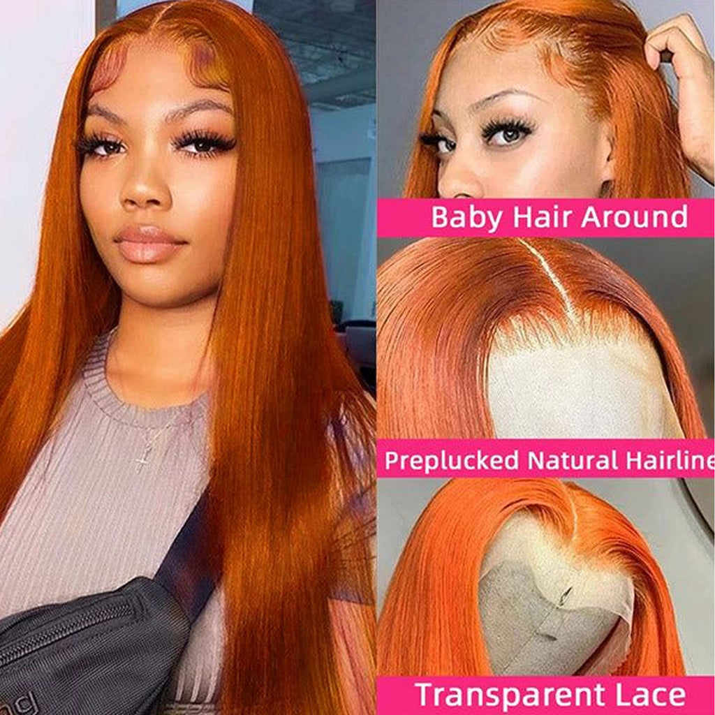 Fiumer Ginger Wig Human Hair 13x4 Straight Ginger Orange Lace Front Wigs Human Hair HD Transparent Lace Frontal 350 Colored Wig Pre Plucked 180% Density 20-28inch