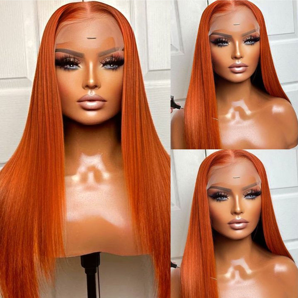 Fiumer Ginger Wig Human Hair 13x4 Straight Ginger Orange Lace Front Wigs Human Hair HD Transparent Lace Frontal 350 Colored Wig Pre Plucked 180% Density 20-28inch