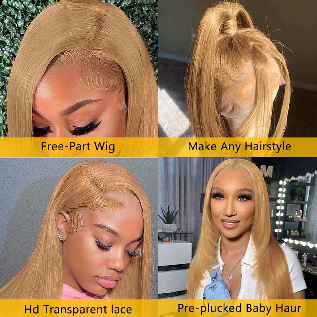 Fiumer Honey Blonde Wig Human Hair 13x6 HD Transparent Lace Front Wig Human Hair Pre Plucked With Baby Hair Straight Blonde Wig Human Hair 180% Density 27# Colored Human Hair Wig 20-34inch