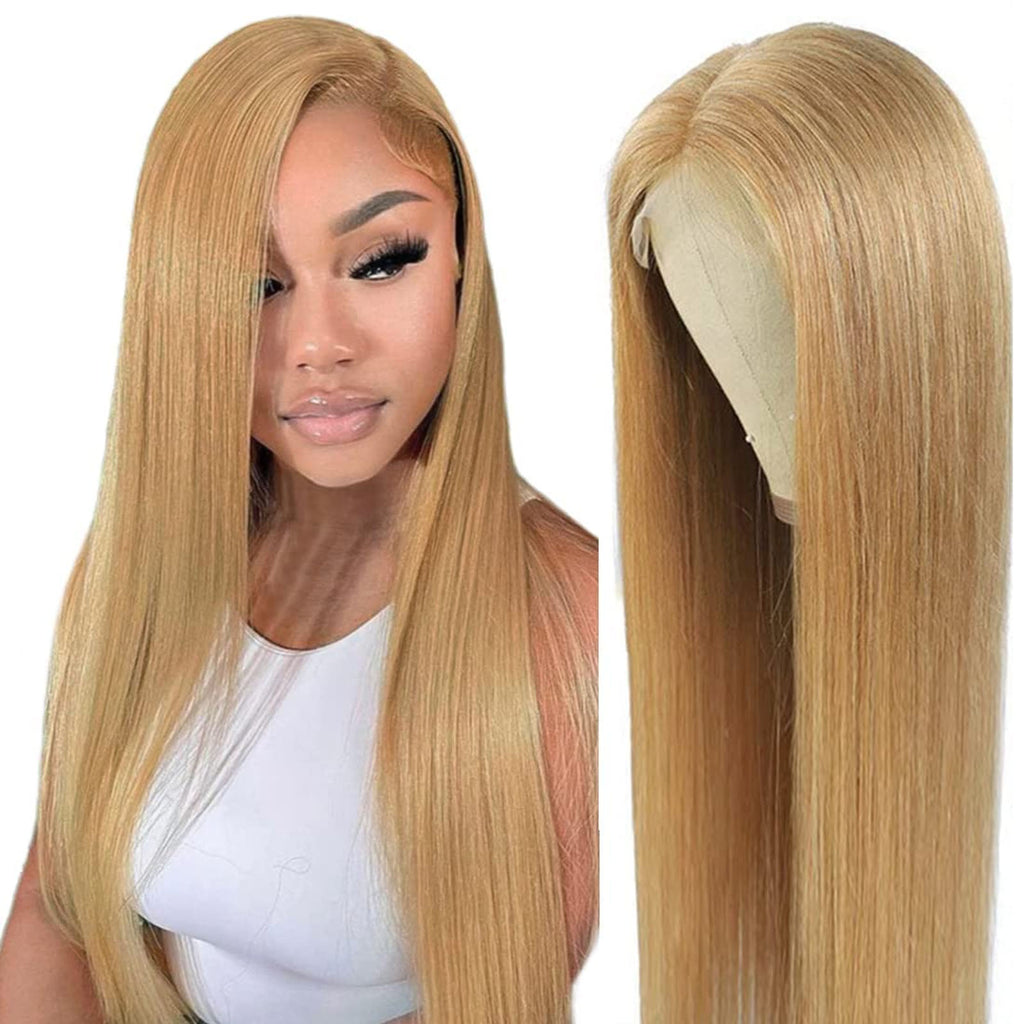 Fiumer Honey Blonde Wig Human Hair 13x6 HD Transparent Lace Front Wig Human Hair Pre Plucked With Baby Hair Straight Blonde Wig Human Hair 180% Density 27# Colored Human Hair Wig 20-34inch