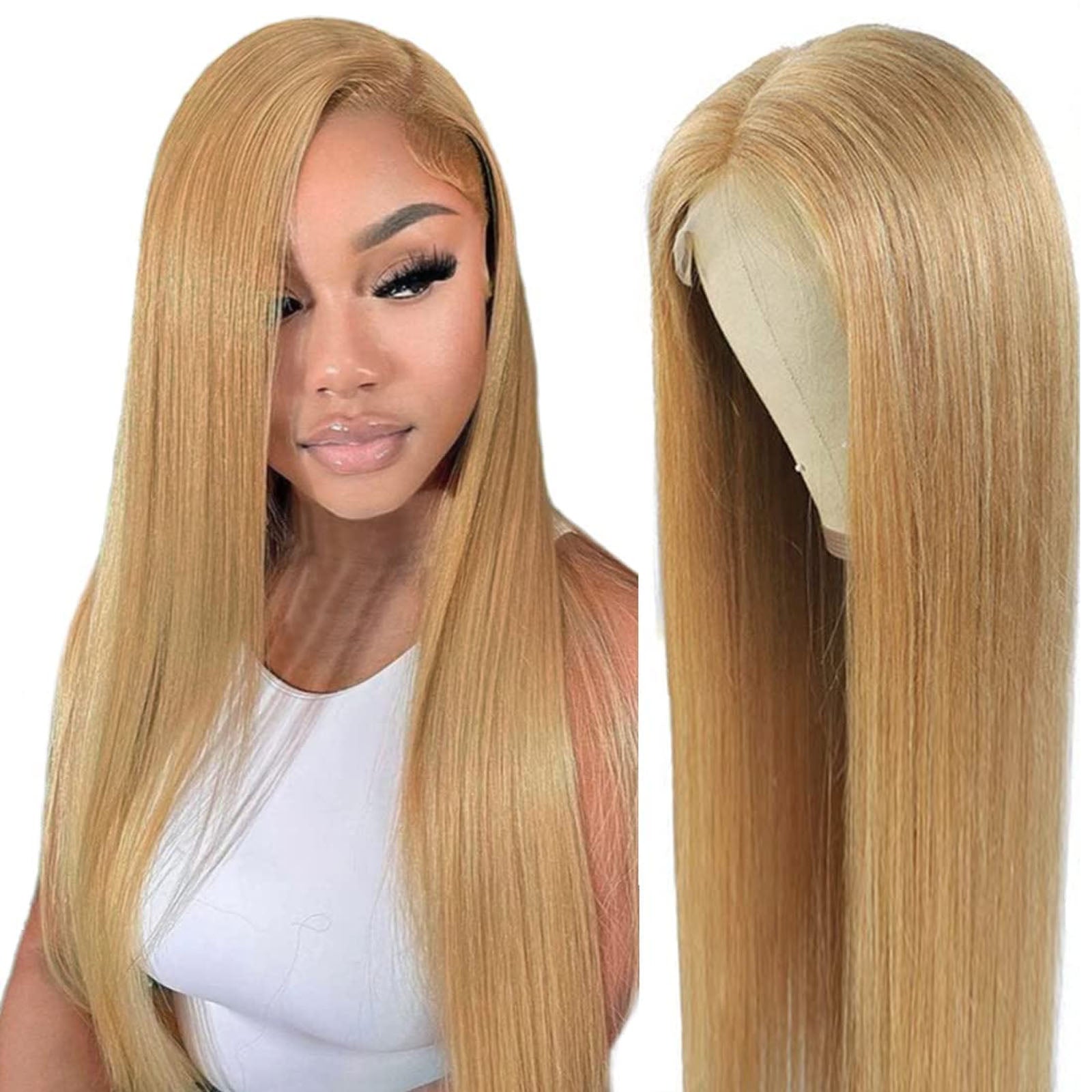 Fiumer Honey Blonde Wig Human Hair 13x6 HD Transparent Lace Front Wig Human Hair Pre Plucked With Baby Hair Straight Blonde Wig Human Hair 180% Density 27# Colored Human Hair Wig 20-34inch