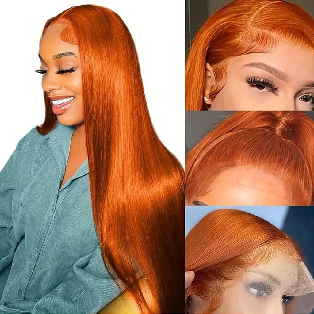 Fiumer Ginger Wig Human Hair 13x4 Straight Ginger Orange Lace Front Wigs Human Hair HD Transparent Lace Frontal 350 Colored Wig Pre Plucked 180% Density 20-28inch