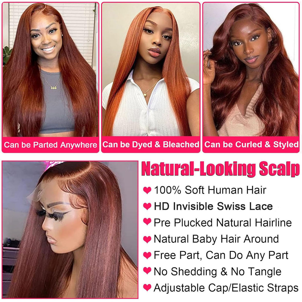 Fiumer 20-34inch Reddish Brown Lace Front Wigs Human Hair 13x6 Straight Lace Front Wig 180% Density Auburn Brown 33# Lace Frontal Wigs Human Hair Pre Plucked for Women