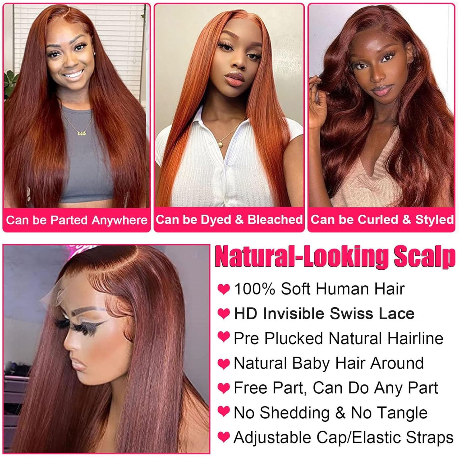Fiumer 20-34inch Reddish Brown Lace Front Wigs Human Hair 13x6 Straight Lace Front Wig 180% Density Auburn Brown 33# Lace Frontal Wigs Human Hair Pre Plucked for Women