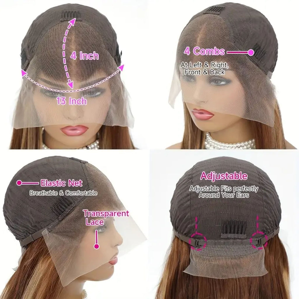 Fiumer Ombre Lace Front Wig Human Hair Highlight 13x4 HD Straight Lace Front Wigs 180% Density 4/27 Colored Honey Blonde HD Lace Frontal Wigs For Women Glueless Pre Plucked with Baby Hair 20-34inch