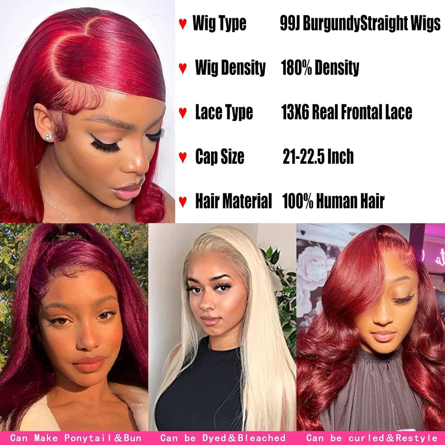 Fiumer Burgundy Wig Human Hair 30inch 13x6 HD Transparent Lace Straight 99J Red Human Hair Wig Colored Reddish Brown Lace Frontal Wigs 180% Density Pre Plucked
