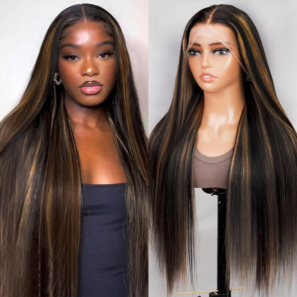 Fiumer Ombre Lace Front Wig Human Hair 1B/30 Highlight Straight Wigs 13X6 Transparent Lace Frontal Glueless Wigs Honey Blonde Colored Human Hair Pre Plucked for Women 20-34inch