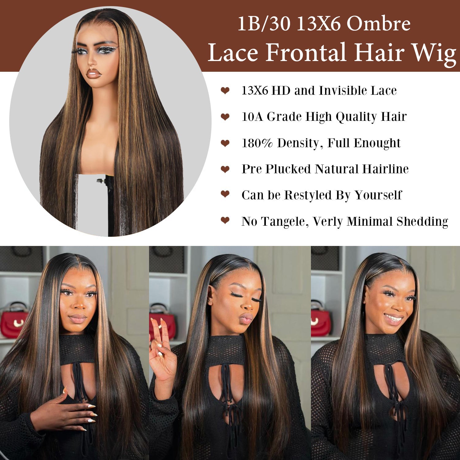 Fiumer Ombre Lace Front Wig Human Hair 1B/30 Highlight Straight Wigs 13X6 Transparent Lace Frontal Glueless Wigs Honey Blonde Colored Human Hair Pre Plucked for Women 20-34inch