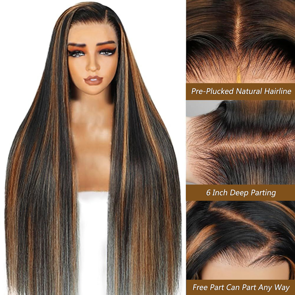 Fiumer Ombre Lace Front Wig Human Hair 1B/30 Highlight Straight Wigs 13X6 Transparent Lace Frontal Glueless Wigs Honey Blonde Colored Human Hair Pre Plucked for Women 20-34inch