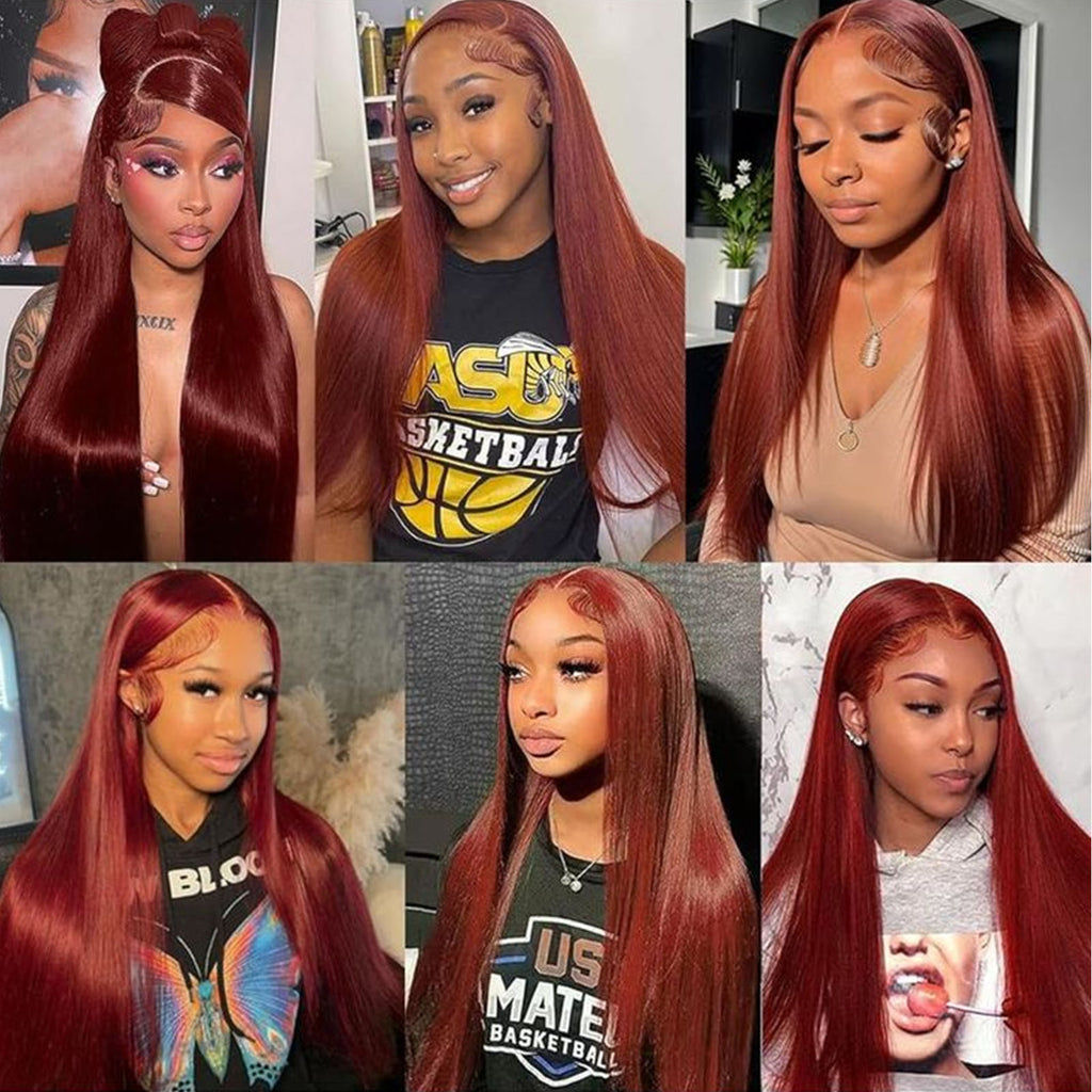 Fiumer 20-34inch Reddish Brown Lace Front Wigs Human Hair 13x6 Straight Lace Front Wig 180% Density Auburn Brown 33# Lace Frontal Wigs Human Hair Pre Plucked for Women