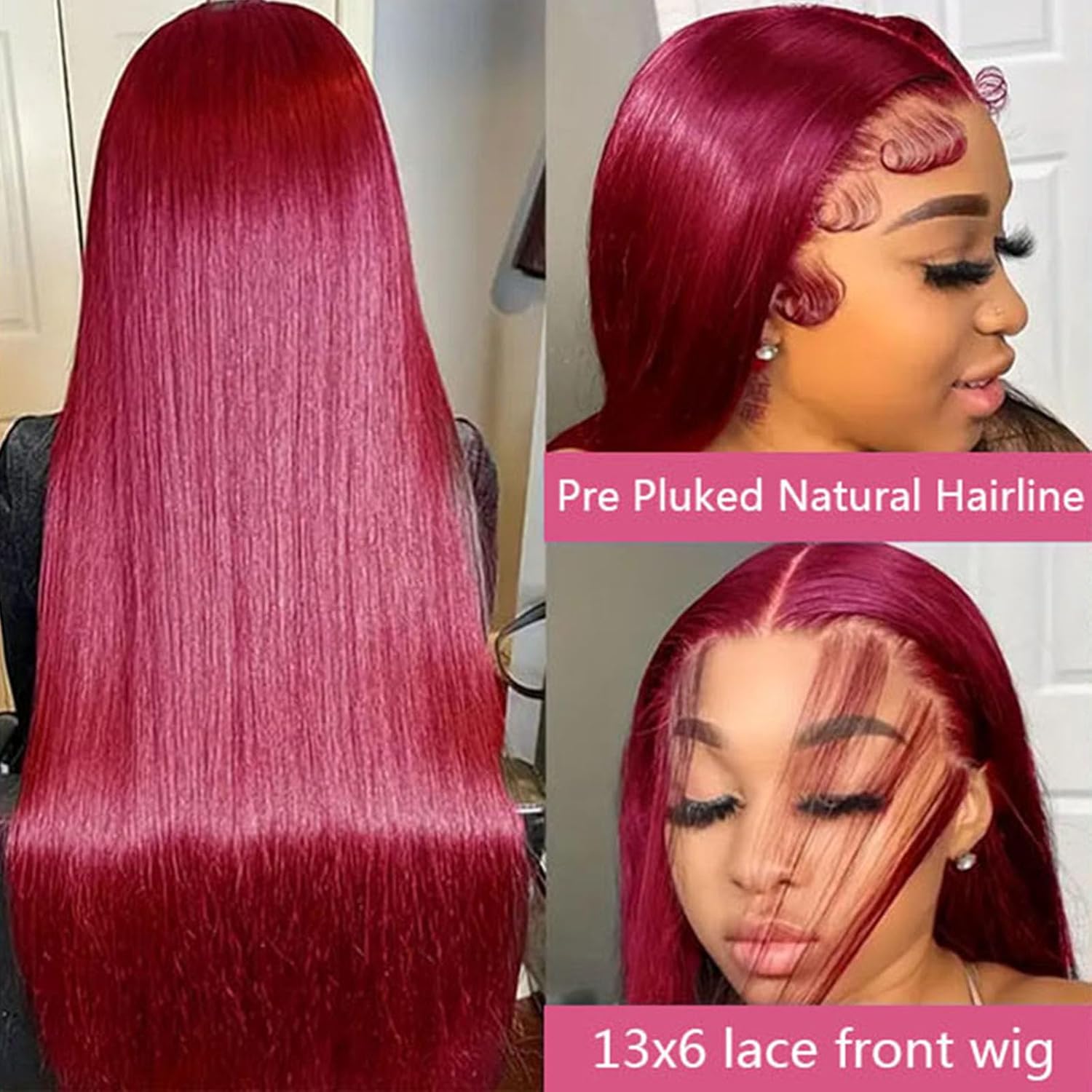 Fiumer Burgundy Wig Human Hair 26inch 13x6 HD Transparent Lace Straight 99J Red Human Hair Wig Colored Reddish Brown Lace Frontal Wigs 180% Density Pre Plucked