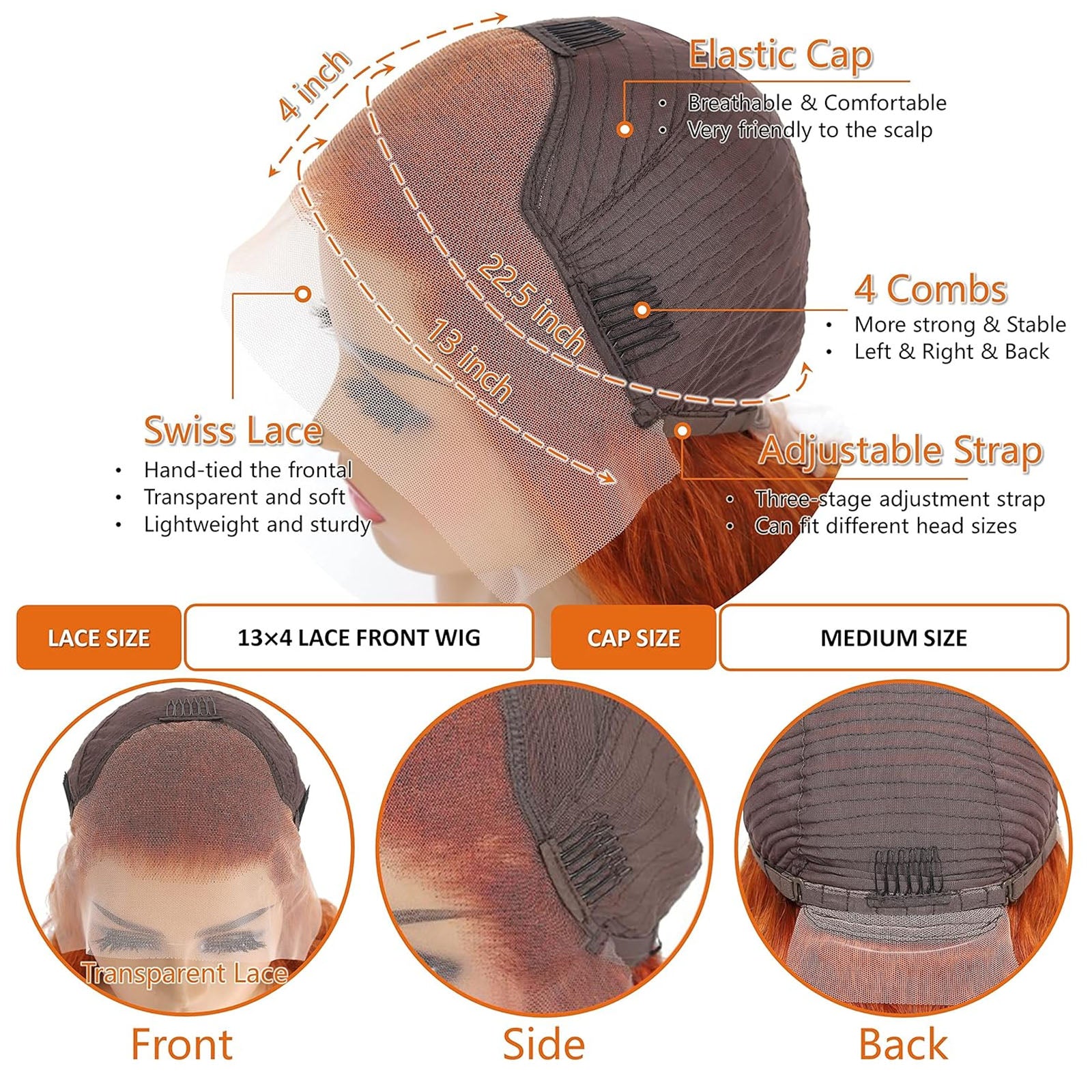 Fiumer Ginger Wig Human Hair 13x4 Straight Ginger Orange Lace Front Wigs Human Hair HD Transparent Lace Frontal 350 Colored Wig Pre Plucked 180% Density 20-28inch