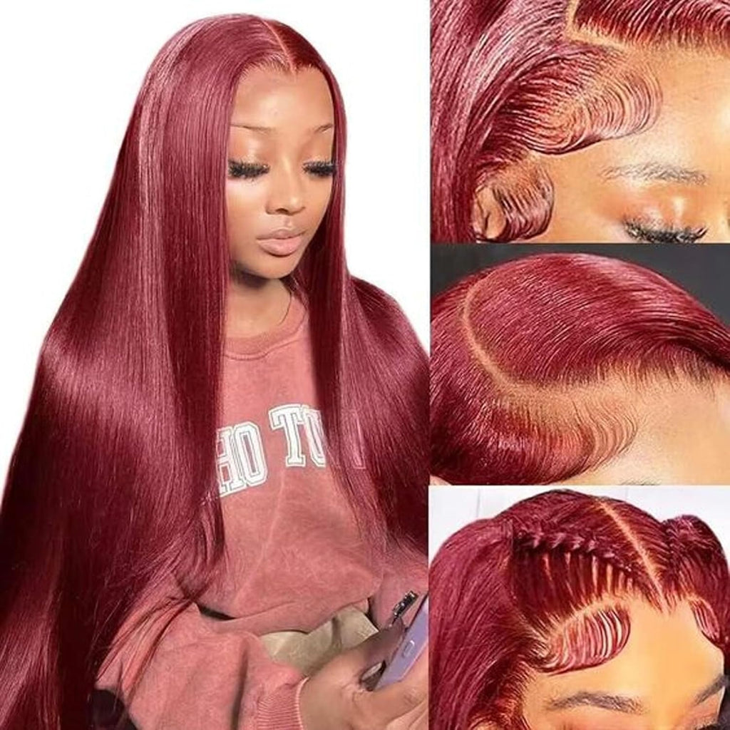 Fiumer Burgundy Wig Human Hair 30inch 13x6 HD Transparent Lace Straight 99J Red Human Hair Wig Colored Reddish Brown Lace Frontal Wigs 180% Density Pre Plucked