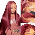 Fiumer Burgundy Wig Human Hair 30inch 13x6 HD Transparent Lace Straight 99J Red Human Hair Wig Colored Reddish Brown Lace Frontal Wigs 180% Density Pre Plucked